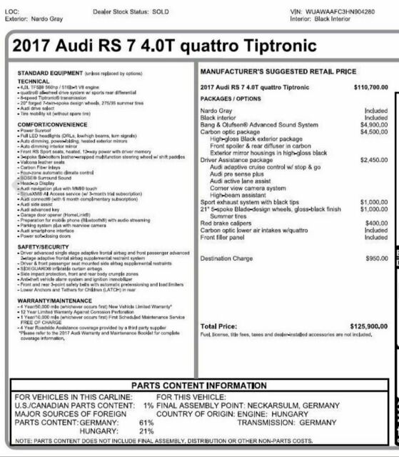 2017 Audi RS7 (NARDO Grey/Black)